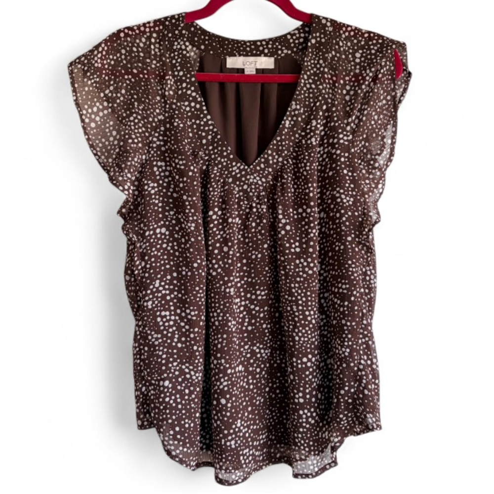 Loft V Neck Brown Dot Print Sleeveless Flutter Blouse Size M
